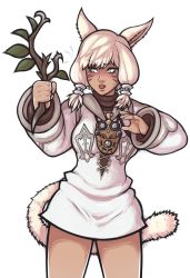Rule 34 | 10s, 1girl, animal ears, blush, bottomless, cat ears, cat tail, facial mark, final fantasy, final fantasy xiv, green eyes, highres, no pants, open mouth, slit pupils, solo, tabletorgy, tail, wand, white hair, y&#039;shtola rhul