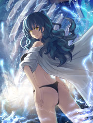 Rule 34 | 1girl, ass, black bra, black panties, bra, earrings, electricity, green hair, hands on own hips, highres, jewelry, light smile, long hair, looking back, open clothes, open shirt, original, panties, phate, shirt, solo, thong, underwear, white shirt, yellow eyes