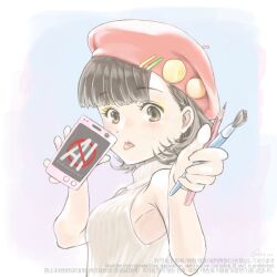 Rule 34 | 1girl, ai-generated art (topic), armpits, bad hands, bare arms, beret, bilingual, black hair, border, breasts, brown eyes, cellphone, chinese text, circle, english text, eyeshadow, from side, gradient background, hair behind ear, hair ornament, hairclip, hat, hat ornament, highres, holding, holding brush, holding pencil, holding phone, korean text, blue background, light blush, looking at viewer, makeup, medium breasts, mixed-language text, no symbol, original, pencil, phone, red hat, short hair, simplified chinese text, sleeveless, sleeveless sweater, smartphone, solo, sweater, takanashi wotori (otr ut), tongue, tongue out, turning head, turtleneck, turtleneck sweater, twitter username, upper body, white border, white sweater, yellow eyeshadow