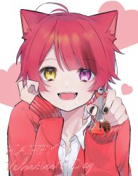 Rule 34 | 1boy, animal ears, blush, chocolate, dog boy, dog ears, facing viewer, fang, food, fork, fruit, heart, heterochromia, highres, hosizora (sparetime), looking at viewer, male focus, open mouth, purple eyes, red hair, rinu (stpri), short hair, solo, strawberry, strawberry prince, valentine, white background, yellow eyes