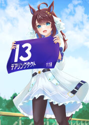 Rule 34 | 1girl, :d, absurdres, ahoge, animal ears, black gloves, blue eyes, brown hair, daring tact (umamusume), dress, feet out of frame, gloves, highres, holding, horse ears, horse girl, horse tail, long hair, looking at viewer, open mouth, pantyhose, shia0016, smile, solo, tail, umamusume, wavy hair, white dress