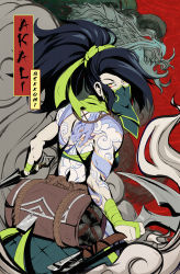 Rule 34 | 1girl, akali, back tattoo, bare back, bare shoulders, bekkomi, black hair, brown bag, character name, commentary, cowboy shot, english commentary, grey background, hair ribbon, highres, holding, holding scythe, holding weapon, league of legends, long hair, mask, mouth mask, ponytail, red background, ribbon, scythe, solo, tattoo, weapon, yellow eyes, yellow ribbon