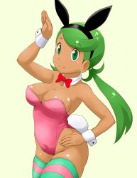 Rule 34 | 1girl, alternate color, alternate costume, animal ears, areola slip, arm up, bare arms, bare shoulders, blush stickers, bow, bowtie, breasts, c:, cleavage, closed mouth, covered navel, cowboy shot, creatures (company), dark-skinned female, dark skin, detached collar, eyes visible through hair, fake animal ears, female focus, game freak, green eyes, green hair, green thighhighs, groin, hand on own hip, highleg, highleg leotard, highres, legs, leotard, looking at viewer, low twintails, mallow (pokemon), medium breasts, neck, nintendo, nipple slip, nipples, pink leotard, pink thighhighs, playboy bunny, pokemon, pokemon (anime), pokemon sm, rabbit ears, rabbit tail, red bow, red bowtie, shiny skin, simple background, smile, solo, standing, strapless, strapless leotard, striped clothes, striped thighhighs, swept bangs, tail, thighhighs, tof, trial captain, twintails, wrist cuffs