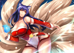 Rule 34 | 1girl, absurdres, ahri (league of legends), animal ears, bad id, bad pixiv id, bare shoulders, breasts, brown eyes, cleavage, covered navel, curvy, fox ears, fox tail, highres, huge breasts, korean clothes, league of legends, leaning forward, long hair, looking at viewer, multiple tails, nail polish, purple hair, solo, standing, tail, thighs, wide hips, yashichii, yellow eyes