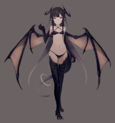 Rule 34 | 1girl, bare shoulders, bikini, black bikini, black hair, claws, commentary request, dragon girl, fang, flat chest, full body, grey background, hara shoutarou, highres, horns, long hair, looking at viewer, monster girl, navel, original, pointy ears, simple background, smile, solo, standing, swimsuit, tail, thighhighs, very long hair, wings, yellow eyes
