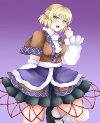 Rule 34 | 1girl, absurdres, belt, black footwear, black skirt, blonde hair, blush, breasts, brown shirt, commentary request, gradient background, green eyes, hair between eyes, hand up, highres, koizumo, leg up, looking at viewer, medium breasts, mizuhashi parsee, open mouth, pointy ears, purple background, purple skirt, scarf, shirt, shoes, short hair, short sleeves, skirt, smile, socks, solo, standing, standing on one leg, t-shirt, touhou, white belt, white scarf, white socks