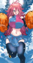 Rule 34 | 1girl, android 21, bare shoulders, black thighhighs, blue eyes, blue sky, blush, bouncing breasts, breasts, brown hair, checkered clothes, cheerleader, cloud, confetti, covered erect nipples, detached sleeves, dragon ball, dragon ball fighterz, earrings, female focus, gold bracelet, high heels, highres, hoop earrings, huge breasts, jewelry, kinakomochi (user vedc2333), long hair, looking at viewer, midriff, miniskirt, motion lines, navel, one eye closed, open mouth, orange pom poms, outdoors, pom pom (cheerleading), signature, skirt, sky, sleeveless, solo, stomach, sun, sweat, teeth, thighhighs, tongue, upper teeth only, very long hair, wide hips