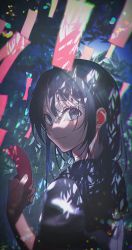 Rule 34 | 1girl, 2020, artist name, backlighting, bamboo, bamboo forest, black eyes, black hair, black outline, black sailor collar, blurry, blurry background, blurry foreground, chromatic aberration, closed mouth, dappled sunlight, darkness, dated, depth of field, eyelashes, fingernails, forest, haduki tohru, hair between eyes, hand up, happy, highres, holding, holding tanzaku, leaf, lens flare, lens flare abuse, looking at viewer, looking back, multicolored eyes, nature, night, original, outdoors, outline, sailor collar, school uniform, shaded face, short sleeves, sidelocks, smile, solo, sparkling eyes, sunlight, tanabata, tanzaku, tareme, uniform, upper body