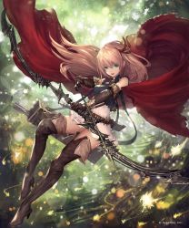 Rule 34 | 1girl, :d, absurdres, arisa (shadowverse), arrow (projectile), bare shoulders, belt, black gloves, blonde hair, boots, bow (weapon), brown footwear, brown thighhighs, cape, dress, elbow gloves, elf, full body, gloves, green eyes, hair ribbon, high heel boots, high heels, highres, holding, holding weapon, long hair, looking at viewer, official art, open mouth, pointy ears, quiver, red ribbon, ribbon, shadowverse, smile, solo, tachikawa mushimaro, thigh boots, thighhighs, weapon, zettai ryouiki