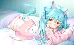 Rule 34 | 1girl, animal ear fluff, animal ears, ass, bad id, bad pixiv id, bed, blue flower, blue sky, blush, brown eyes, butt crack, cat ears, cat girl, cat tail, closed mouth, collarbone, flower, hair between eyes, hair flower, hair ornament, long hair, long sleeves, looking at viewer, lying, murano, no pants, on stomach, open clothes, open shirt, original, pajamas, panties, pillow, pink pajamas, pink panties, pink shirt, shirt, sky, sleeves past wrists, solo, tail, twintails, under covers, underwear