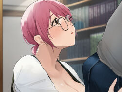 Rule 34 | 1girl, akito (d30n26), black eyes, blurry, blurry background, blush, bookshelf, breasts, bulge, cleavage, erection, erection under clothes, eyebrows hidden by hair, fuyu monogatari ~kimi wa hatsuyuki no you ni totsuzen ni~, glasses, highres, indoors, large breasts, library, looking at another, original, parted lips, pink hair, short hair, short ponytail, standing, upper body