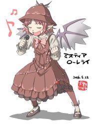 Rule 34 | 10s, 1girl, 2016, animal ears, beamed quavers, bow, bowtie, brown dress, brown hat, clenched hand, closed eyes, dated, dress, earrings, full body, hat, inuno rakugaki, jewelry, juliet sleeves, legs apart, long sleeves, mary janes, microphone, music, musical note, mystia lorelei, open mouth, pink bow, pink bowtie, pink hair, puffy sleeves, quaver, shoe wings, shoes, short hair, simple background, singing, single earring, solo, standing, touhou, white background, winged footwear, winged hat, wings