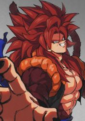 Rule 34 | bare pectorals, biceps, blue eyes, body fur, brown fur, clenched teeth, dragon ball, dragon ball gt, foreshortening, fusion, fusion dance, gogeta, grey background, grin, highres, looking at viewer, male focus, metamoran vest, monkey boy, monkey tail, no nipples, open hand, outstretched arm, pectorals, reaching, red hair, relio db318, simple background, smile, smirk, solo, spiked hair, super saiyan, super saiyan 4, tail, teeth, veins, veiny hands