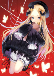 Rule 34 | 1girl, :&lt;, abigail williams (fate), amahara pekozaemon, bad id, bad pixiv id, black bow, black dress, black footwear, black hat, blonde hair, bloomers, blue eyes, bow, bug, butterfly, closed mouth, commentary request, dress, fate/grand order, fate (series), forehead, full body, hair bow, hat, highres, hugging object, insect, long hair, long sleeves, looking at viewer, mary janes, orange bow, parted bangs, polka dot, polka dot bow, red background, shoes, sleeves past wrists, solo, stuffed animal, stuffed toy, teddy bear, underwear, very long hair, white bloomers