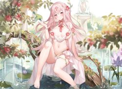 Rule 34 | 1girl, bad id, bad twitter id, barefoot, bird, blush, breasts, breasts apart, closed mouth, commentary, flower, fountain, large breasts, legs, lily pad, long hair, looking at viewer, nature, navel, original, pink eyes, pink hair, pointy ears, sitting, smile, solo, sora 72-iro, water