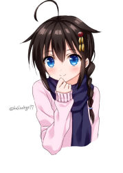 Rule 34 | 1girl, ahoge, alternate costume, bad id, bad pixiv id, black hair, blue eyes, blush, braid, closed mouth, cropped torso, hair between eyes, hair bobbles, hair flaps, hair ornament, hair over shoulder, hand up, hoshino kagari, kantai collection, long hair, long sleeves, looking at viewer, pink sweater, purple scarf, scarf, shigure (kancolle), shigure kai ni (kancolle), simple background, single braid, sleeves past wrists, smile, solo, sweater, upper body, white background