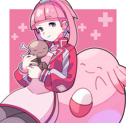 Rule 34 | 1girl, blunt bangs, border, chansey, closed mouth, commentary request, creatures (company), dress, earrings, eyelashes, game freak, gen 1 pokemon, grey eyes, highres, holding, holding pokemon, jacket, jewelry, long sleeves, looking at viewer, mollie (pokemon), nintendo, open clothes, open jacket, outside border, paldean wooper, pantyhose, pink background, pink dress, pink hair, pokemon, pokemon (anime), pokemon (creature), pokemon horizons, smile, sutokame, white border