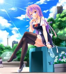 Rule 34 | 2girls, black legwear, blue eyes, blue skirt, blue sky, blurry, blush, bokeh, bow, breasts, brown hair, bug, building, butterfly, cleavage, cloud, crossed legs, day, depth of field, detached sleeves, dress, feet, flower, fountain, frills, glass slipper, head rest, high heels, highres, holding shoe, insect, long hair, looking at viewer, multiple girls, original, outdoors, pantyhose, park, parted lips, pleated skirt, purple hair, red bow, school uniform, shirt, shoes, unworn shoes, single shoe, sitting, skirt, sky, solo focus, sun, thighhighs, tower, twintails, water, white flower, white shirt, wrist cuffs, yagami-all hail nanao