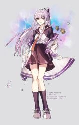 Rule 34 | 1girl, black gloves, black ribbon, braid, character name, closed mouth, commentary request, danganronpa: trigger happy havoc, danganronpa (series), full body, gloves, gradient background, hair ornament, hair ribbon, highres, jacket, kirigiri kyoko, kneehighs, long hair, looking at viewer, necktie, off shoulder, open clothes, open jacket, pleated skirt, ponytail, purple eyes, purple hair, purple skirt, purple socks, ribbon, shirt, shoes, skirt, smile, socks, solo, turtle, white jacket, yeonie