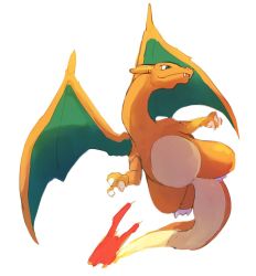 Rule 34 | charizard, claws, closed mouth, commentary request, creatures (company), fangs, fangs out, fire, fire, flame-tipped tail, full body, game freak, gen 1 pokemon, green eyes, looking to the side, morio (poke orio), nintendo, no humans, pokemon, pokemon (creature), simple background, smile, solo, white background