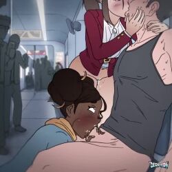 Rule 34 | 1boy, 2girls, animated, armpits, artist name, audible speech, audience, black hair, blush, bottomless, breasts, brown hair, cellphone, charlotte (derpixon), cheek bulge, clothes lift, collarbone, commentary, crowd, cum, cum in mouth, dark-skinned female, dark skin, deepthroat, derpixon, english commentary, exhibitionism, fellatio, ffm threesome, free use, french kiss, group sex, hair bun, heart, heart-shaped pupils, hetero, interracial, jacket, jacket lift, kiss, large breasts, looking up, looping animation, lowres, multiple girls, no bra, oral, original, penis, penis grab, phone, public indecency, pussy, pussy juice, recording, red eyes, smartphone, sound, swallowing, symbol-shaped pupils, tagme, tank top, thighs, threesome, train interior, uncensored, video