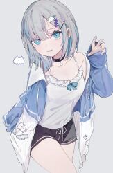 Rule 34 | 1girl, aqua eyes, aqua hair, black choker, black shorts, camisole, choker, cowboy shot, frilled camisole, frills, grey background, grey hair, hair ornament, hairclip, hand in pocket, highres, jacket, kaga sumire, looking at viewer, multicolored hair, off shoulder, open clothes, open jacket, parted lips, short hair, shorts, simple background, sleeves past wrists, solo, streaked hair, tokiwata soul, two-tone hair, virtual youtuber, vspo!, white camisole, x hair ornament