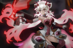 Rule 34 | 1girl, ahoge, aiming, aiming at viewer, bare shoulders, breasts, cleavage, covered navel, elbow gloves, garter straps, gloves, glowing, glowing hair, gradient hair, grin, gun, handgun, highres, large breasts, leotard, long hair, looking at viewer, low twintails, multicolored hair, parted lips, pistol, purple eyes, red hair, senki zesshou symphogear, silver hair, smile, solo, teeth, thighhighs, twintails, visqi, weapon, white gloves, yukine chris