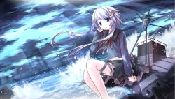 Rule 34 | 10s, 1girl, blue eyes, crescent, crescent hair ornament, hair ornament, highres, kantai collection, long hair, long sleeves, ocean, personification, purple hair, risutaru, school uniform, short hair with long locks, skirt, solo, water, yayoi (kancolle)