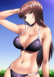 Rule 34 | 1girl, arm behind head, arm up, bikini, black bikini, blue sky, blunt bangs, breasts, brown eyes, brown hair, clear sky, cleavage, closed mouth, commentary request, girls und panzer, half-closed eyes, halterneck, highres, large breasts, long hair, looking at viewer, miraino tsubasa, navel, nishizumi shiho, partial commentary, skindentation, sky, smile, solo, standing, straight hair, swimsuit