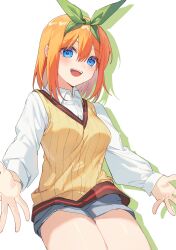 Rule 34 | 1girl, absurdres, blue eyes, blush, breasts, drop shadow, eyelashes, fringe trim, go-toubun no hanayome, green ribbon, grey shorts, hair between eyes, hair ribbon, highres, large breasts, long sleeves, medium hair, nakano yotsuba, open hand, open mouth, orange hair, outstretched arm, raised eyebrows, reaching, reaching towards viewer, ribbon, shirt, shorts, sidelocks, simple background, smile, solo, standing, sweater, teeth, thighs, upper teeth only, white background, white shirt, yellow sweater, yunweishukuang