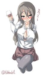 Rule 34 | 10s, 1girl, arm behind back, bad id, bad twitter id, black bra, black eyes, black pantyhose, blush, bra, breasts, brown hair, brown skirt, buttons, cleavage, collarbone, collared shirt, cowboy shot, cropped legs, crossed legs, cup, dress shirt, drinking glass, drunk, ebifurya, frilled sleeves, frills, hair between eyes, highres, holding, holding cup, holding drinking glass, inactive account, kantai collection, large breasts, long hair, long sleeves, looking at viewer, open mouth, pantyhose, pleated skirt, pola (kancolle), shirt, sidelocks, simple background, skirt, smile, solo, twitter username, unbuttoned, underwear, white background, white shirt, wine glass
