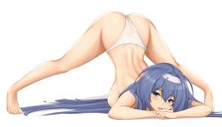 Rule 34 | 1girl, :d, ahoge, arcie albano, arm support, ass, azur lane, back, bare legs, barefoot, blue eyes, blue hair, blush, breasts, commentary request, hairband, highres, jack-o&#039; challenge, large breasts, looking at viewer, mixed-language commentary, new jersey (azur lane), open mouth, panties, simple background, smile, solo, spread legs, top-down bottom-up, topless, underwear, underwear only, white background, white hairband, white panties