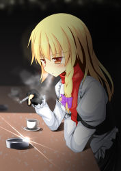 Rule 34 | 1girl, absurdres, ashtray, black gloves, black vest, blonde hair, blush, bow, braid, brown eyes, cigarette, commentary request, cookie (touhou), cup, gloves, hair bow, highres, holding, holding cigarette, juliet sleeves, kirisame marisa, long hair, long sleeves, looking down, mars (cookie), open mouth, partially fingerless gloves, plate, puffy sleeves, purple bow, red scarf, reflection, scarf, side braid, single braid, smoking, solo, szk, teacup, touhou, upper body, vest