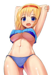 Rule 34 | 1girl, :d, alice margatroid, armpits, arms behind head, arms up, belly, bikini, bikini under clothes, blonde hair, blue bikini, blue eyes, blush, breasts, chiroshiron, covered erect nipples, crop top, crop top overhang, hairband, highres, large breasts, looking at viewer, navel, open mouth, shiny skin, short hair, simple background, smile, solo, swimsuit, swimsuit under clothes, touhou, underboob, white background