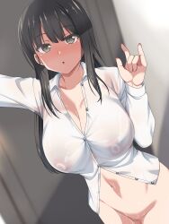 Rule 34 | 1girl, :o, absurdres, arm up, black hair, blush, bottomless, breasts, censored, cleavage, collarbone, collared shirt, commentary request, curtains, grey eyes, hand gesture, hand up, highres, indoors, karakuri musha, large breasts, long hair, long sleeves, looking at viewer, mole, mole on thigh, mosaic censoring, naked shirt, navel, nipples, original, parted lips, see-through, see-through shirt, shirt, solo, sweat, white shirt