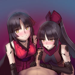 Rule 34 | 1boy, 2girls, bar censor, bare shoulders, black choker, black hair, blush, boa (brianoa), breasts, censored, chestnut mouth, choker, closed mouth, cooperative handjob, doll joints, dual persona, fate/grand order, fate (series), gradient background, handjob, happy, hetero, highres, japanese clothes, joints, katou danzou (fate), long hair, looking at penis, looking at viewer, medium breasts, multiple girls, nose blush, obi, parted bangs, parted lips, penis, ponytail, pov, precum, purple background, sash, smile, symbol-shaped pupils, yellow eyes