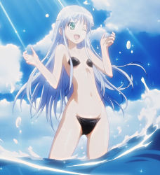 Rule 34 | 1girl, bikini, c-string, cloud, female focus, green eyes, highres, index (toaru majutsu no index), long hair, micro bikini, navel, ocean, outdoors, pasties, personality switch, screencap, sky, solo, stitched, strapless bottom, swimsuit, third-party edit, toaru majutsu no index, water, white hair
