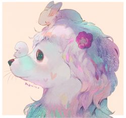 Rule 34 | animal, animal focus, bad id, bad pixiv id, border, rabbit, commentary request, creature, dog, flower, hair flower, hair ornament, manino (mofuritaionaka), no humans, original, pink flower, profile, signature, simple background, white border
