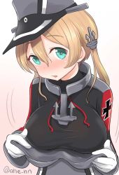 Rule 34 | 1girl, ahenn, aqua eyes, blonde hair, blush, breasts, commentary request, gradient background, hair between eyes, hat, kantai collection, large breasts, long hair, long sleeves, military, military hat, military uniform, motion lines, open mouth, peaked cap, prinz eugen (kancolle), solo, twitter username, uniform, upper body