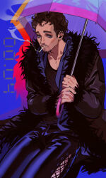 Rule 34 | 1boy, animification, black hair, black jacket, black pants, cigarette, collarbone, curly hair, facial hair, fishnets, fur-trimmed jacket, fur trim, highres, holding, holding umbrella, jacket, klaus hargreeves, long sleeves, looking at viewer, male focus, mouth hold, open clothes, open jacket, pants, pectoral cleavage, pectorals, qin (7833198), short hair, sitting, smoke, smoking, the umbrella academy, umbrella