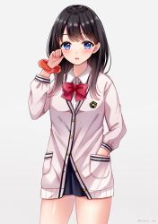 Rule 34 | 10s, 1girl, black hair, blue eyes, blush, bow, bowtie, cardigan, commentary request, grey background, gridman universe, hand in pocket, long hair, looking at viewer, parted lips, red bow, red bowtie, sakura hiyori, shirt, simple background, solo, ssss.gridman, takarada rikka, twitter username, white cardigan, white shirt