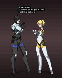 Rule 34 | 2girls, aegis (persona), android, artist request, blonde hair, blue eyes, crossover, cyberpunk, elster (signalis), finger cannon, gun, handgun, headphones, highres, joints, low bore axis revolver, multiple girls, no feet, persona, persona 3, revolver, robot ears, robot joints, short hair, signalis, snubnosed revolver, weapon