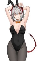 Rule 34 | 1girl, absurdres, animal ears, antenna hair, arknights, armpits, arms behind head, black leotard, black pantyhose, bow, bowtie, breasts, commentary, demon girl, demon horns, detached collar, fake animal ears, grey hair, grin, highres, horns, large breasts, leotard, looking at viewer, multicolored hair, orange bow, orange bowtie, orange hair, pantyhose, playboy bunny, rabbit ears, rain (rain8649), red hair, simple background, smile, standing, strapless, strapless leotard, streaked hair, w (arknights), white background