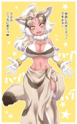 Rule 34 | 1girl, animal ear fluff, animal ears, bare shoulders, beckoning, bikini, bikini top only, breasts, brown hair, cleavage, elbow gloves, facial mark, fangs, feet out of frame, forehead mark, fur collar, gloves, head tilt, high ponytail, highres, indian wolf (kemono friends), jewelry, kemono friends, large breasts, long hair, looking at viewer, mikan toshi, multicolored hair, navel, open mouth, outstretched hand, shiny skin, side slit, skirt, smile, solo, standing, stomach, swimsuit, tail, tan, thighhighs, translation request, white hair, wolf ears, wolf girl, wolf tail, yellow eyes