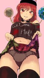 Rule 34 | 1girl, absurdres, bad id, bad pixiv id, bare shoulders, blush, breasts, clothes lift, clothes writing, crop top, crop top overhang, earth (ornament), frilled skirt, frills, head scarf, hecatia lapislazuli, highres, honi (honix3), lace, lace-trimmed panties, lace trim, lingerie, medium breasts, midriff, miniskirt, moon (ornament), multicolored clothes, multicolored skirt, navel, off shoulder, panties, pantyshot, plaid, plaid skirt, red eyes, red hair, self-upload, shirt, skirt, skirt lift, smug, solo, t-shirt, thighhighs, touhou, underwear, upskirt