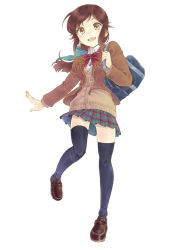 Rule 34 | 1girl, bag, black thighhighs, blazer, bow, bowtie, brown hair, cardigan, full body, jacket, loafers, long hair, looking at viewer, open mouth, original, plaid, plaid skirt, pleated skirt, ponytail, school bag, shoes, sidelocks, simple background, skirt, smile, solo, t-okada, thighhighs, white background, zettai ryouiki