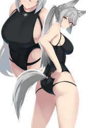 Rule 34 | 1girl, absurdres, animal ears, ass, ass focus, bare arms, black skirt, black one-piece swimsuit, breasts, clothing cutout, commission, competition swimsuit, from above, from behind, grey hair, highleg, highleg swimsuit, highres, large breasts, long hair, looking at viewer, maruyaa (malya1006), multiple views, one-piece swimsuit, original, ponytail, sideboob, skeb commission, skirt, swimsuit, tail, tail through clothes, twisted torso, yellow eyes