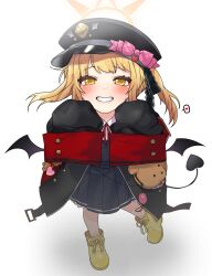 Rule 34 | 1girl, black coat, black dress, black hat, black tail, black wings, blonde hair, blue archive, blush, boots, coat, demon tail, demon wings, dress, grin, halo, hat, heart, highres, ibuki (blue archive), long hair, looking at viewer, oddman1234, peaked cap, pleated dress, side ponytail, simple background, sleeves past fingers, sleeves past wrists, smile, solo, spoken heart, tail, white background, wings, yellow eyes, yellow footwear, yellow halo