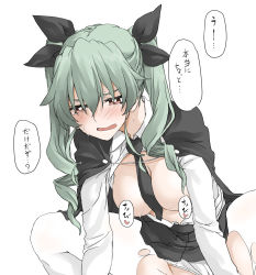 Rule 34 | 1girl, anchovy (girls und panzer), anzio school uniform, blush, breasts, cape, censored, censored by text, censored nipples, clothing aside, convenient censoring, cowgirl position, drill hair, elf (stroll in the woods), girl on top, girls und panzer, green hair, groin, hair ornament, hair ribbon, highres, implied sex, large breasts, long hair, no bra, open mouth, panties, panties aside, pantyhose, red eyes, ribbon, school uniform, simple background, solo, speech bubble, straddling, torn clothes, torn pantyhose, translation request, twin drills, twintails, underwear, white background, white panties, white pantyhose