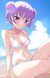 Rule 34 | 1girl, bare arms, bikini, blue sky, blurry, blurry background, bow, breasts, cleavage, cloud, collarbone, day, double bun, hair bun, halterneck, highres, looking at viewer, medium breasts, misao koinu, navel, new game!, outdoors, parted lips, purple eyes, purple hair, shiny skin, short hair, sitting, sky, solo, suzukaze aoba, swimsuit, white bikini, white bow
